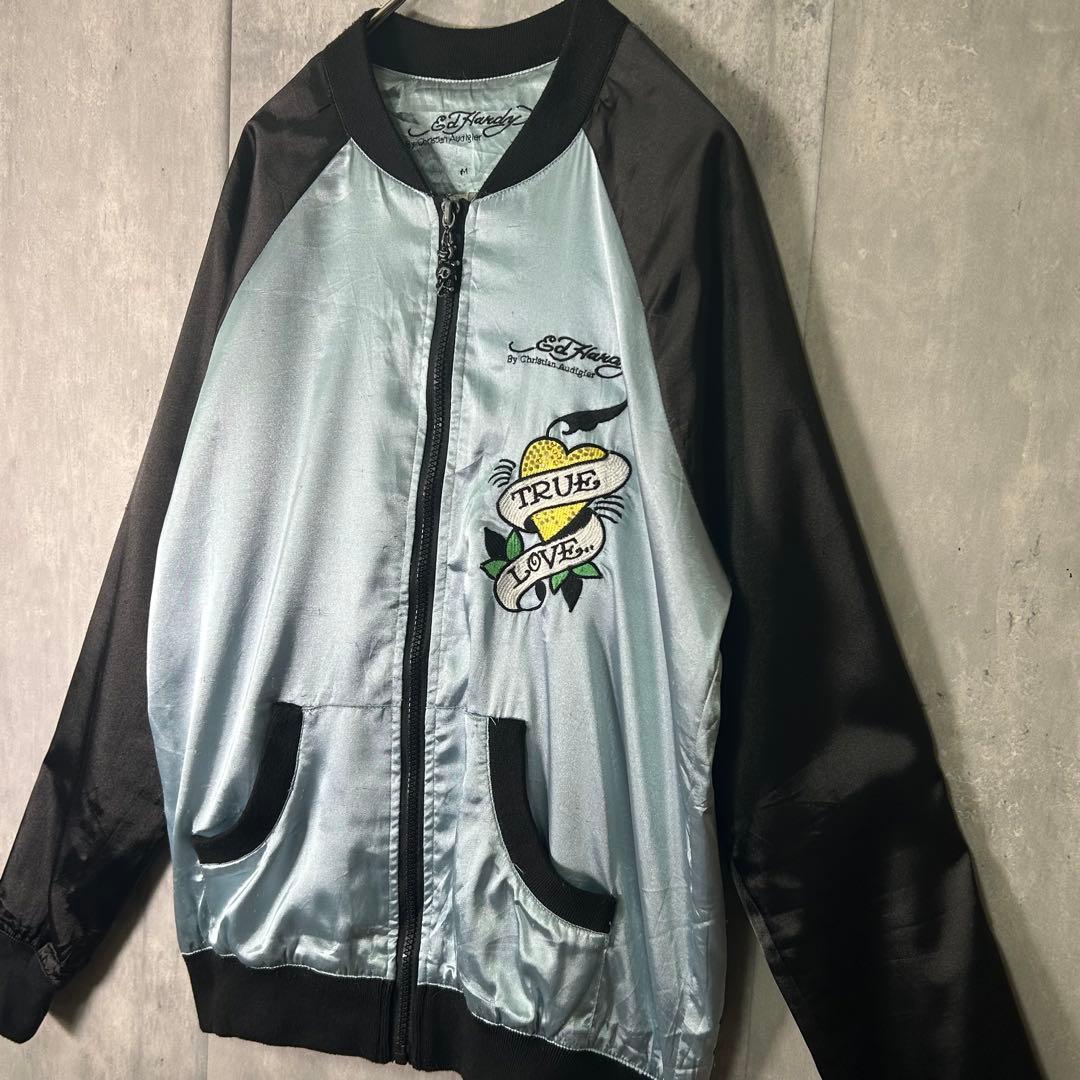 Ed Hardy スカジャン 両面刺繍 黒 水色