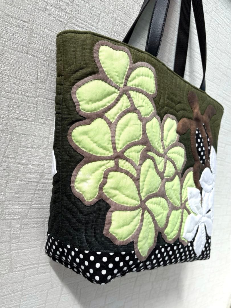 ハワイアンキルトバッグ　　プルメリア&ホヌ　オリーブグリーン
