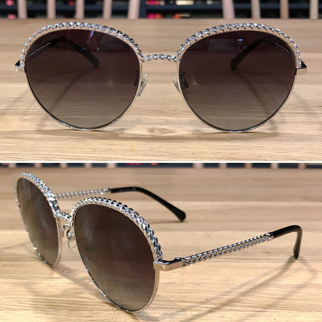 新品同様 シャネル チェーン付き サングラス シルバー ブラウングラデーション