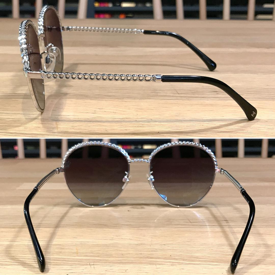 新品同様 シャネル チェーン付き サングラス シルバー ブラウングラデーション