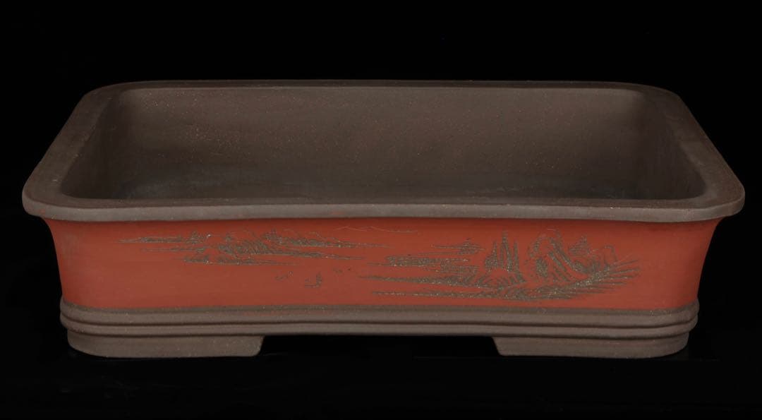 【中国古盆器】中国宜興 紫砂 朱泥外縁長方盆栽鉢 釘彫漢詩山水図 落款有 盆景鉢