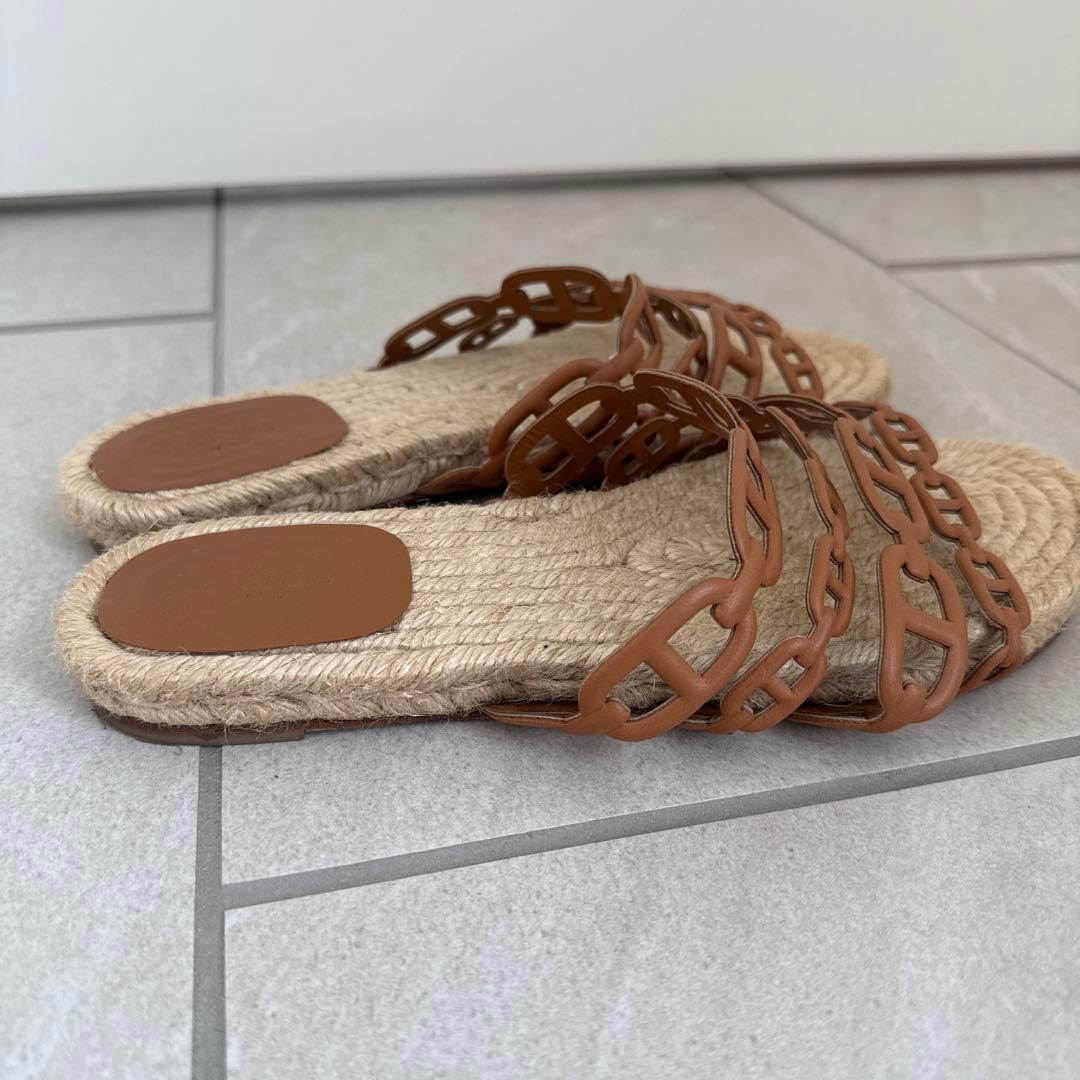 ブラウン ロープ編み フラットサンダル HERMESジュートサンダル　38サイズ