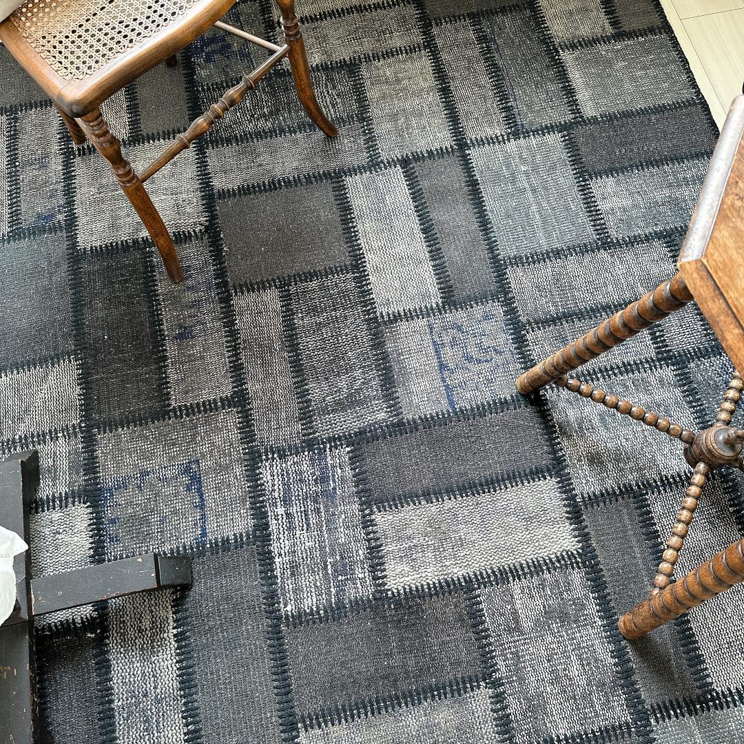 トルコ ヴィンテージラグ A57 超大判 レア グレー ブルー パッチワークラグ