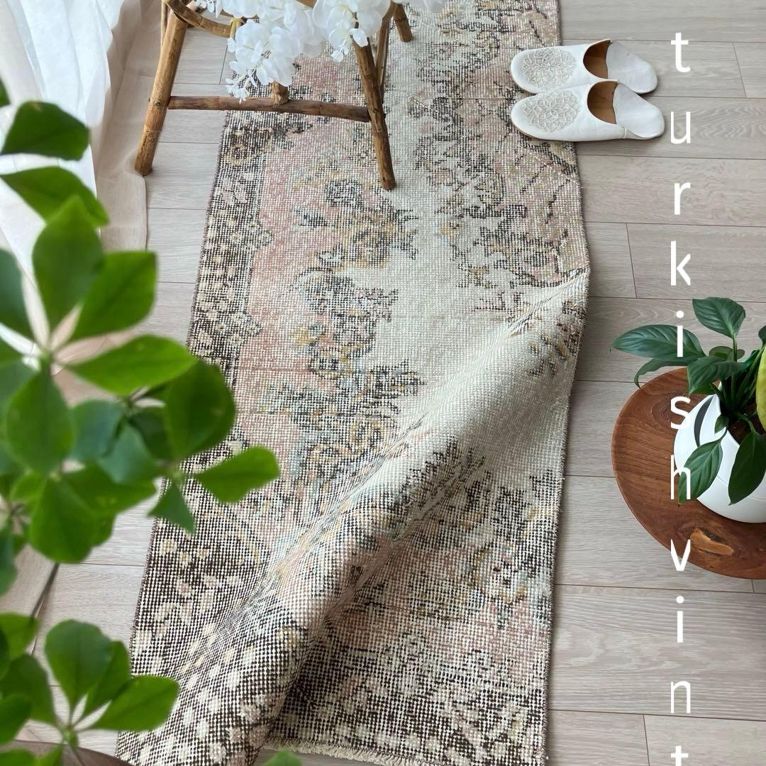 カフェオレ59×216ピンク　ブラウン　超ロングランナー　トルコヴィンテージラグ