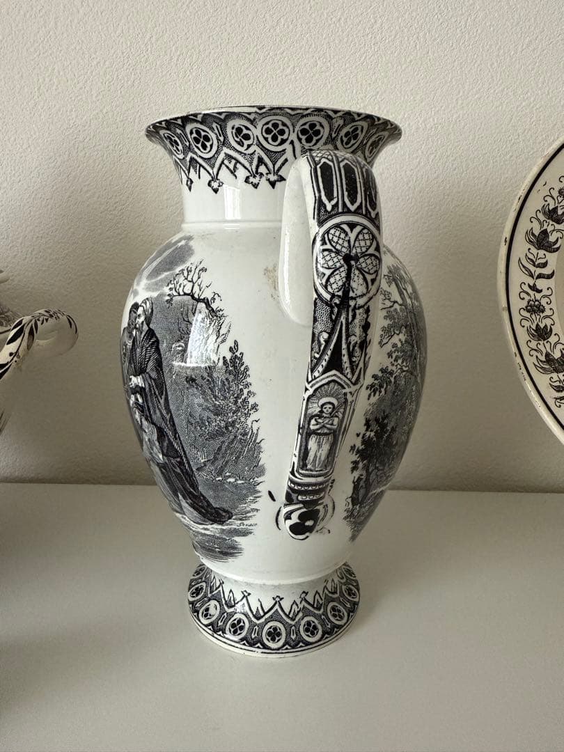 アンティーク　カフェティエール　ファイアンスフィーヌ　クリームウエア　グリザイユ