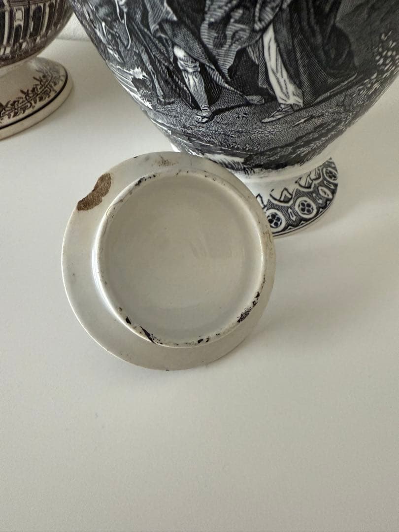 アンティーク　カフェティエール　ファイアンスフィーヌ　クリームウエア　グリザイユ