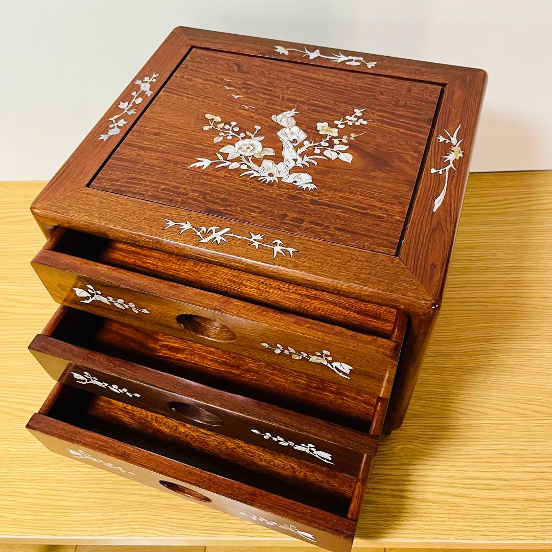 【希少品】天然木 唐木 本花梨 総無垢 螺鈿 卓上チェスト 薬箪笥 3段収納