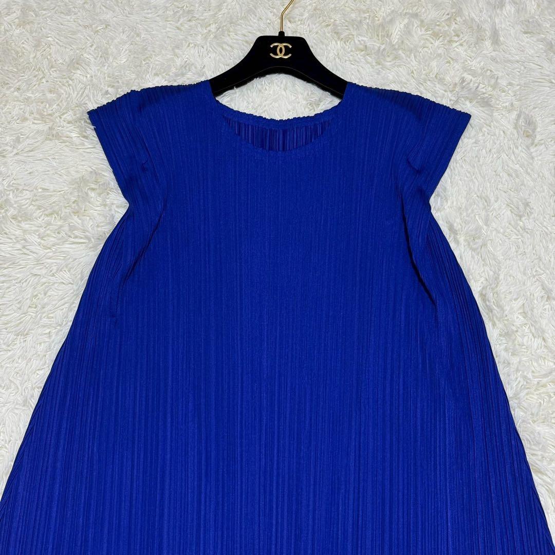 極美品 プリーツプリーズ フレンチスリーブ チュニック Aライン フレア ブルー