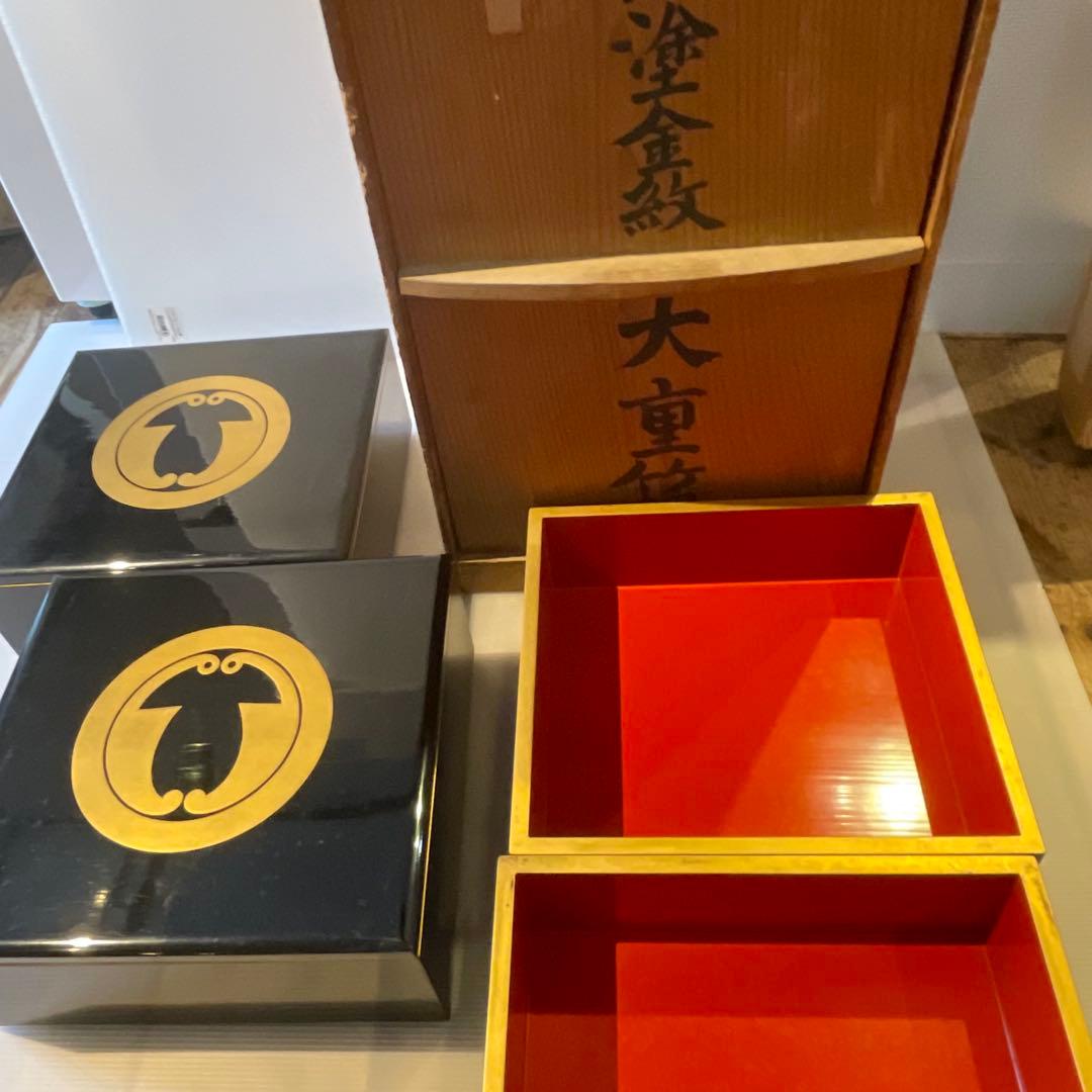 え*こ様 黒塗金紋　大重箱　重箱　年代物　骨董品　工芸品　漆塗り　インテリア　希