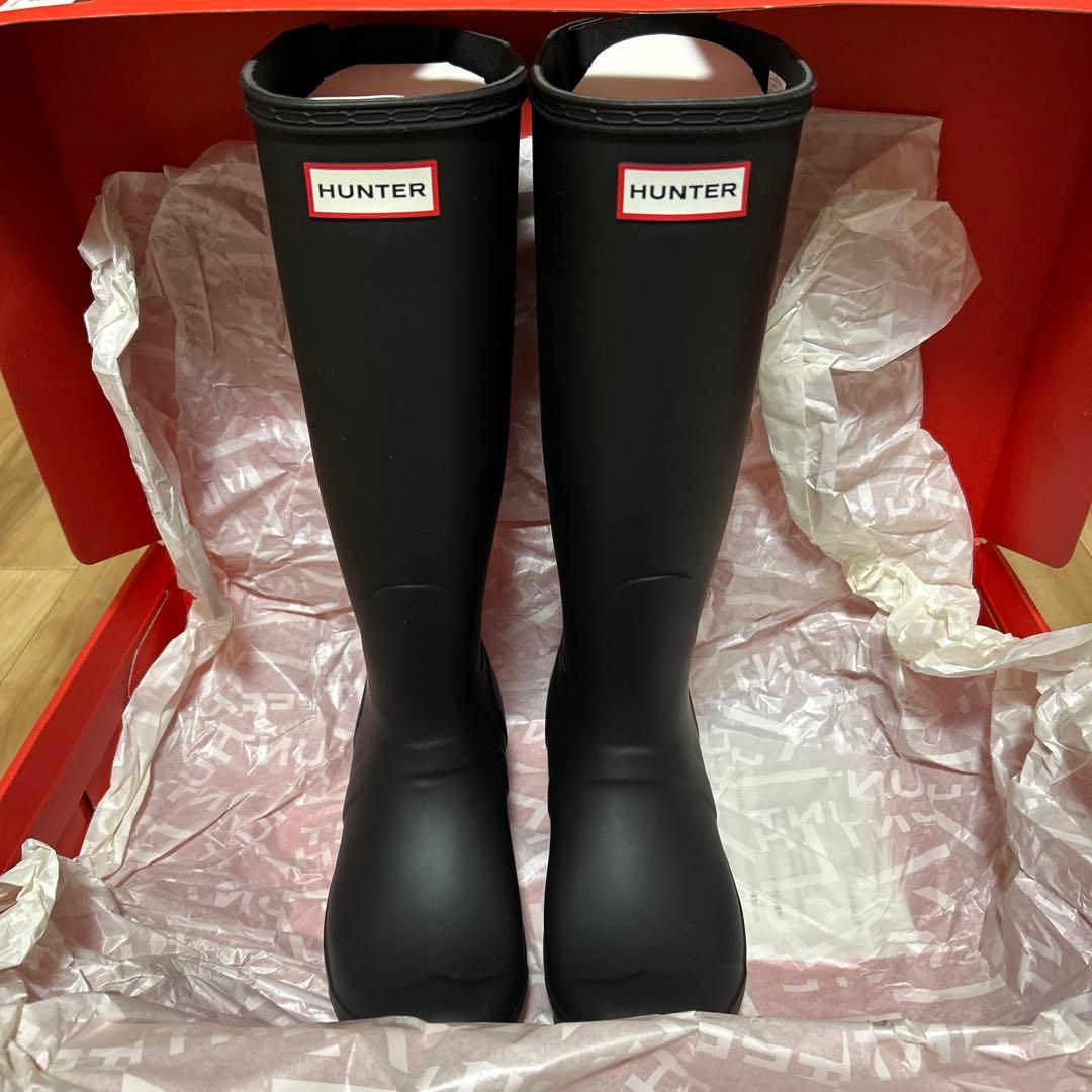 【新品未使用】HUNTER レインブーツ ブラック 長靴 バックル付き US7
