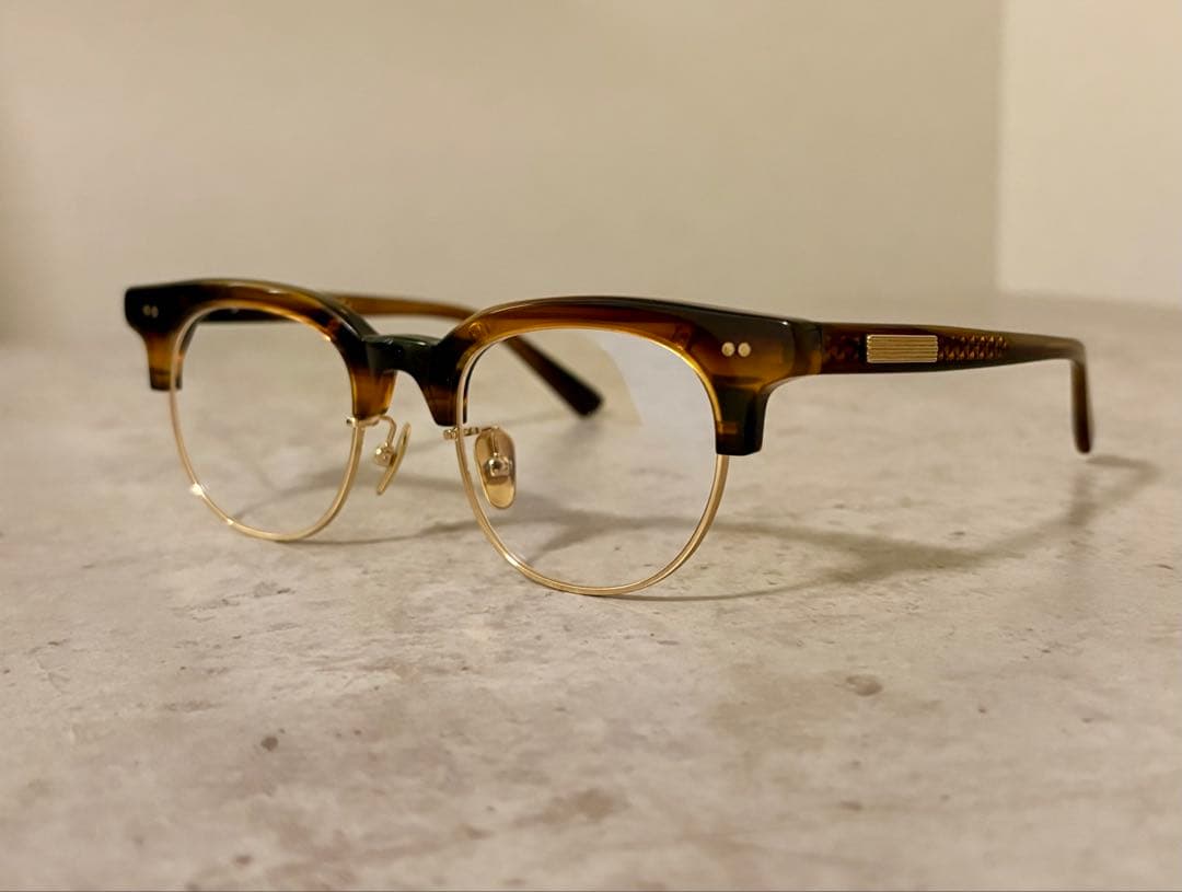 サーモント眼鏡フレーム　ゴールド×ブラウンデミ　伊達メガネ　ボストン　べっ甲柄