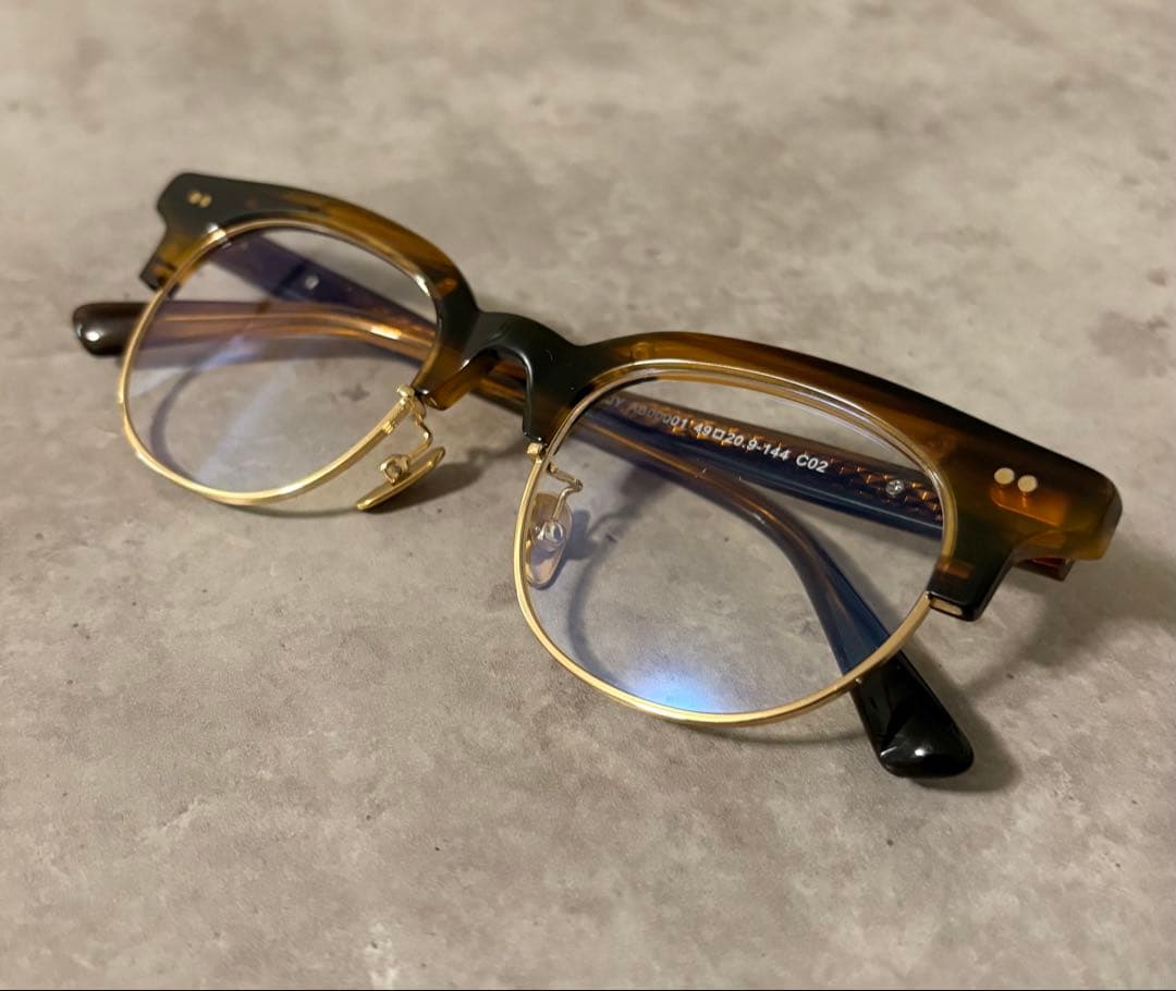 サーモント眼鏡フレーム　ゴールド×ブラウンデミ　伊達メガネ　ボストン　べっ甲柄