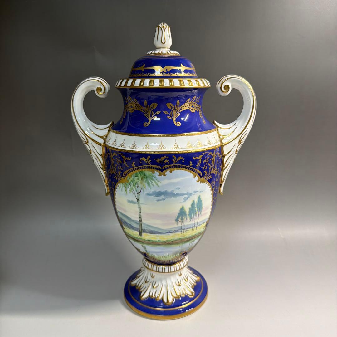 モ*モ様 ノリタケ 飾り壺 金彩 コバルトブルー ハンドペイント 風景