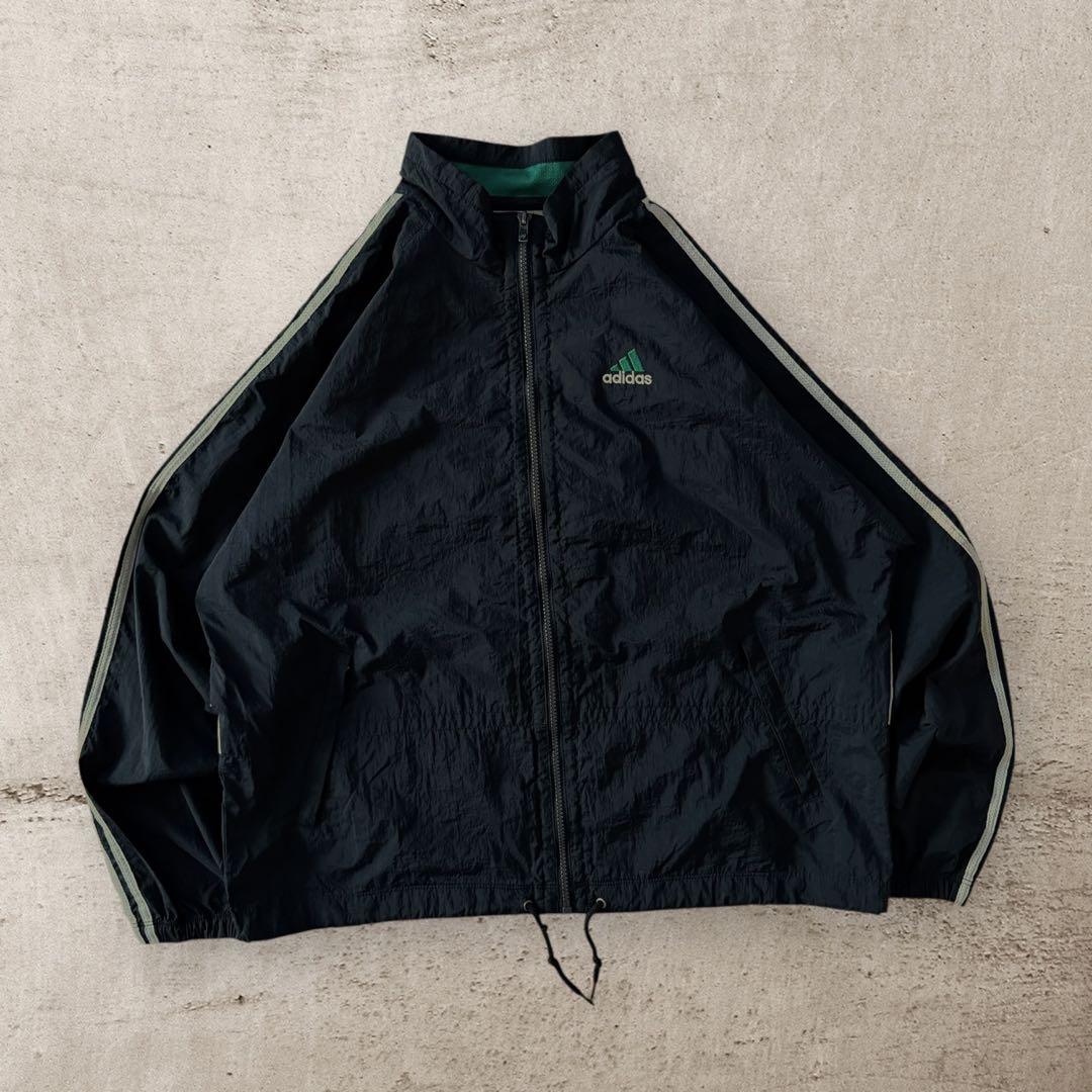 美品アディダス90sナイロンジャケットパフォーマンスロゴ刺繍ドローコード短丈古着