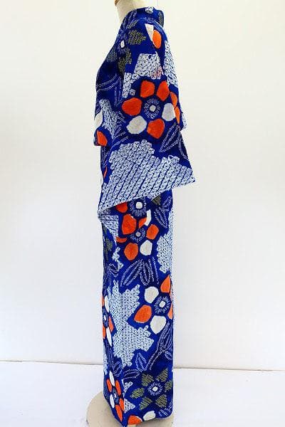 ★専用★浴衣 有松絞り 青 オレンジ 綿 花柄 身丈160cm バチ衿 お洒落