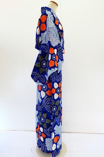 ★専用★浴衣 有松絞り 青 オレンジ 綿 花柄 身丈160cm バチ衿 お洒落