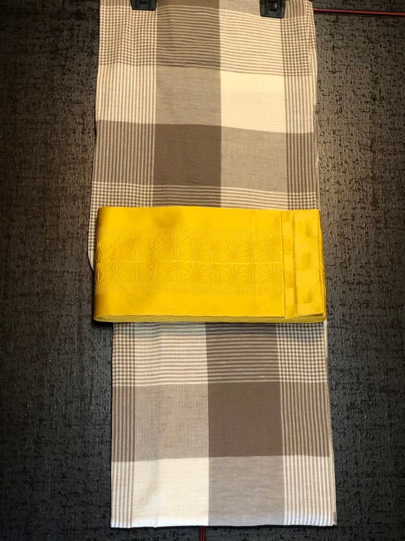 R7・ゆかたと帯　お仕立上り　市松格　子　着物…綿・麻　 帯…プレゼントします