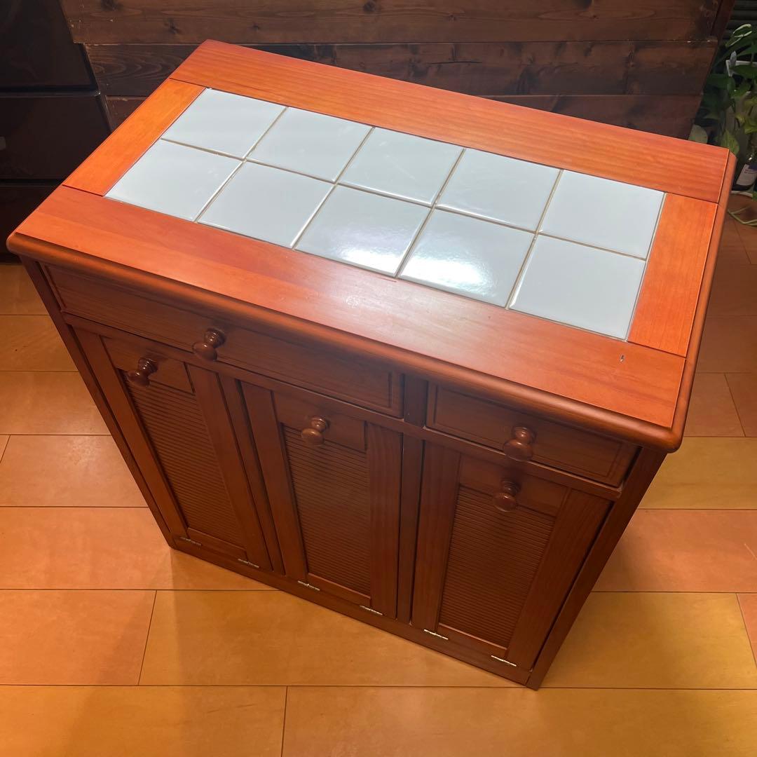 天然木 タイル天板 キッチンカウンター 3分別ダストボックス キャスター付き