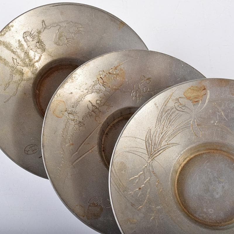 錫　 極上京錫六請合　坂口款　皿十客　義春銘　茶托五客　湯呑八客　YR7921B