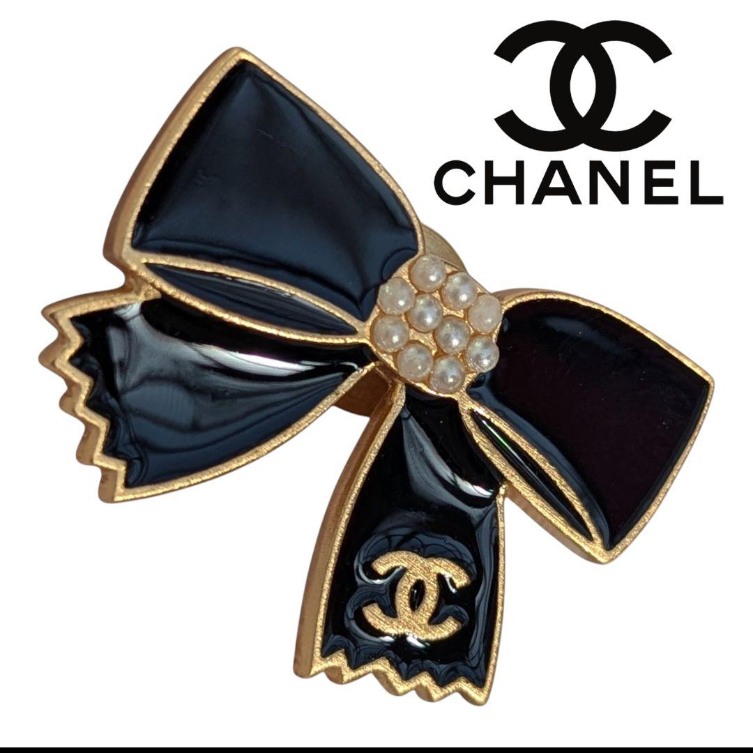 CHANEL シャネル ヴィンテージ ブローチ リボン 黒×ゴールド 上品 美品