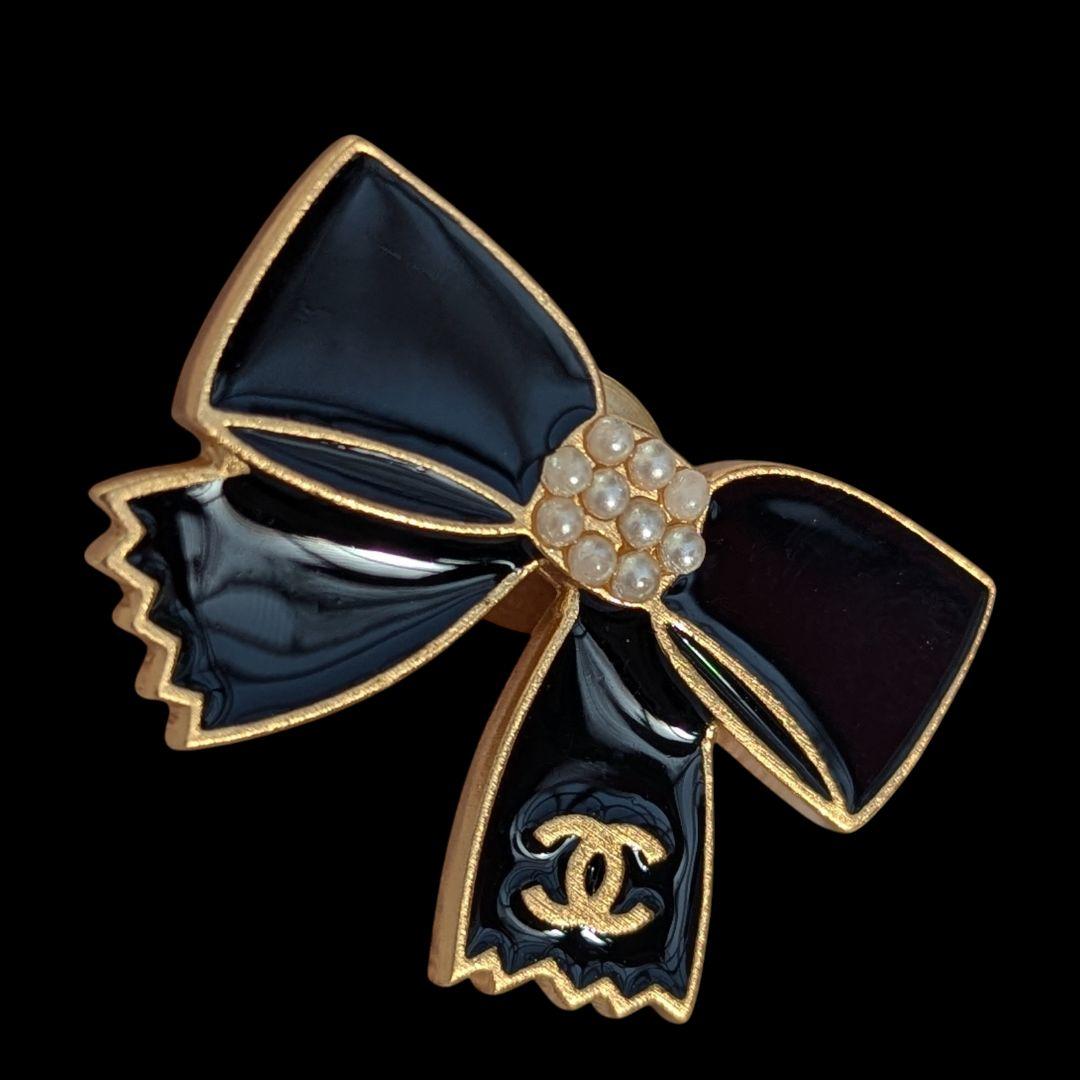 CHANEL シャネル ヴィンテージ ブローチ リボン 黒×ゴールド 上品 美品