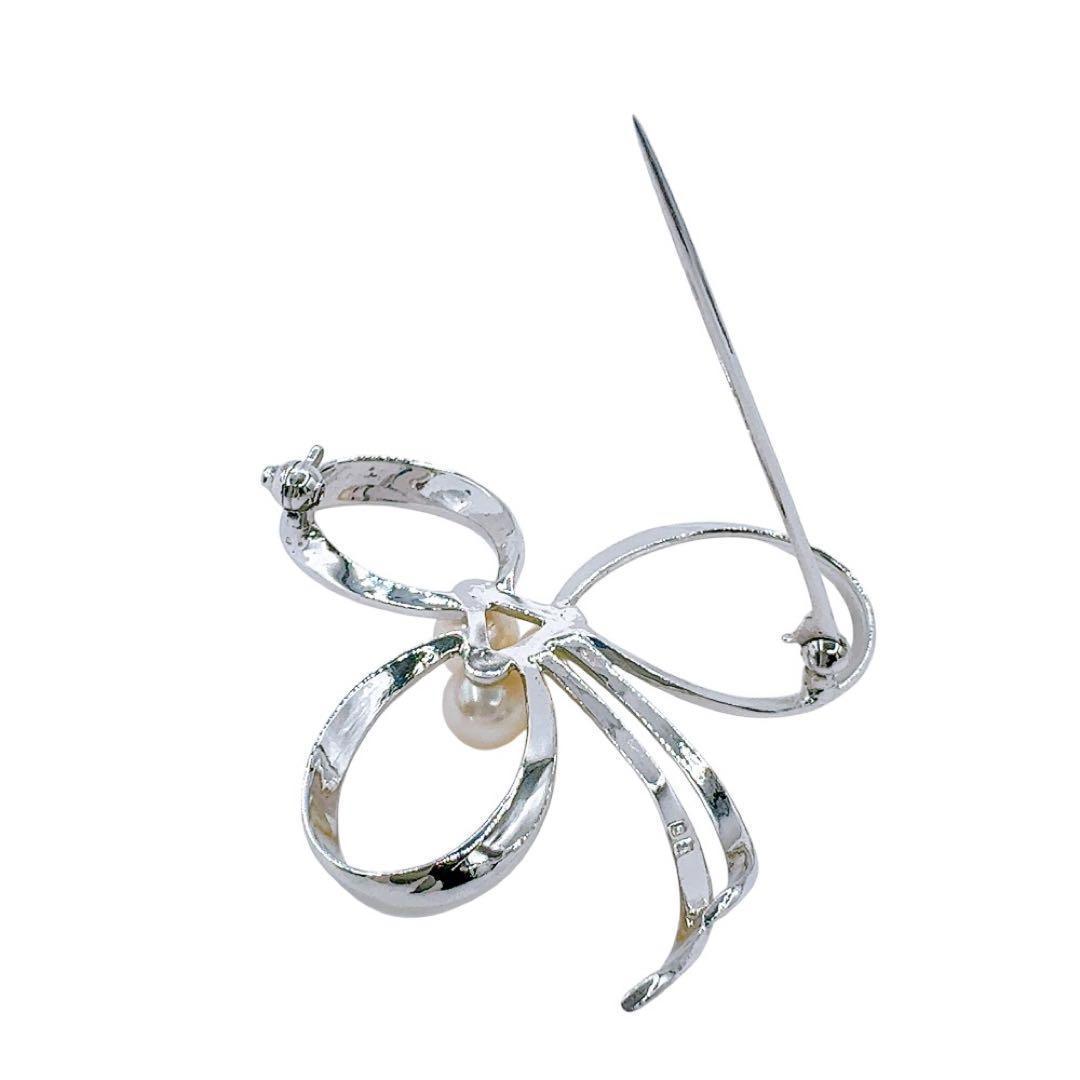 【美品】ミキモト ブローチ アコヤ パール 真珠 シルバー リボン フォーマル