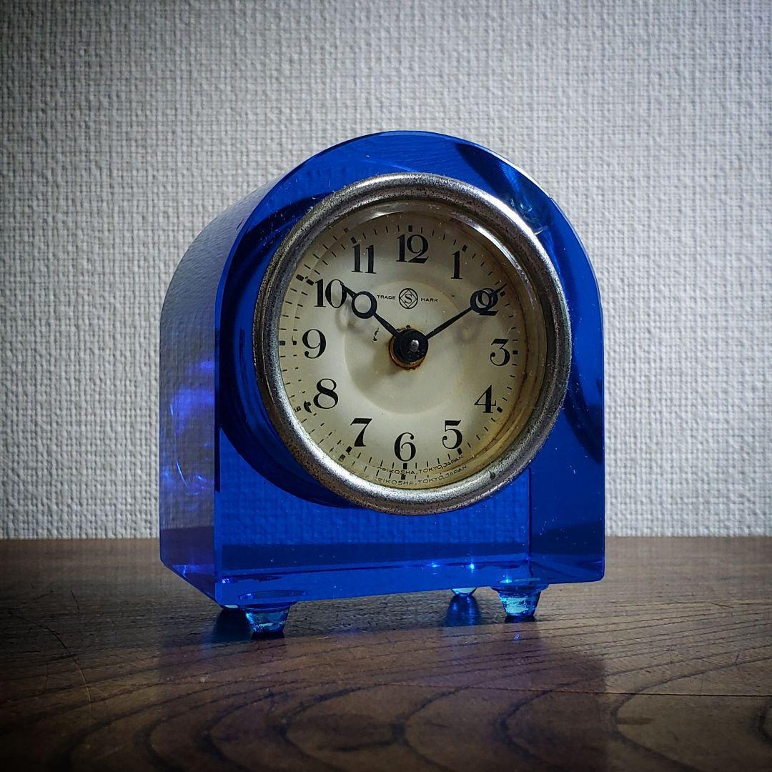 置時計 精工舎 機械式 手巻ウランガラス ブルーガラス 稼働品 欠け ヒビ