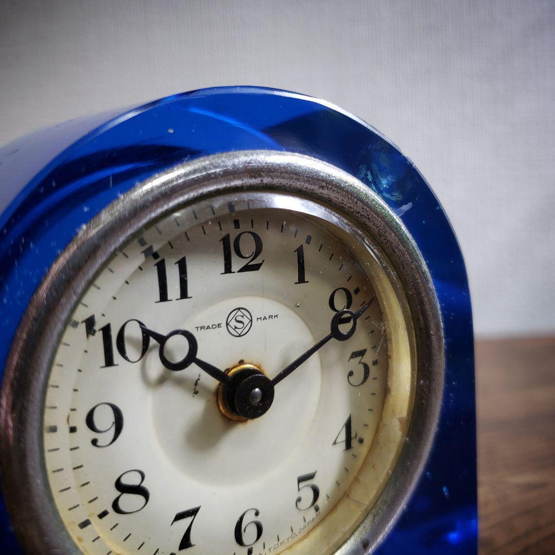 置時計 精工舎 機械式 手巻ウランガラス ブルーガラス 稼働品 欠け ヒビ