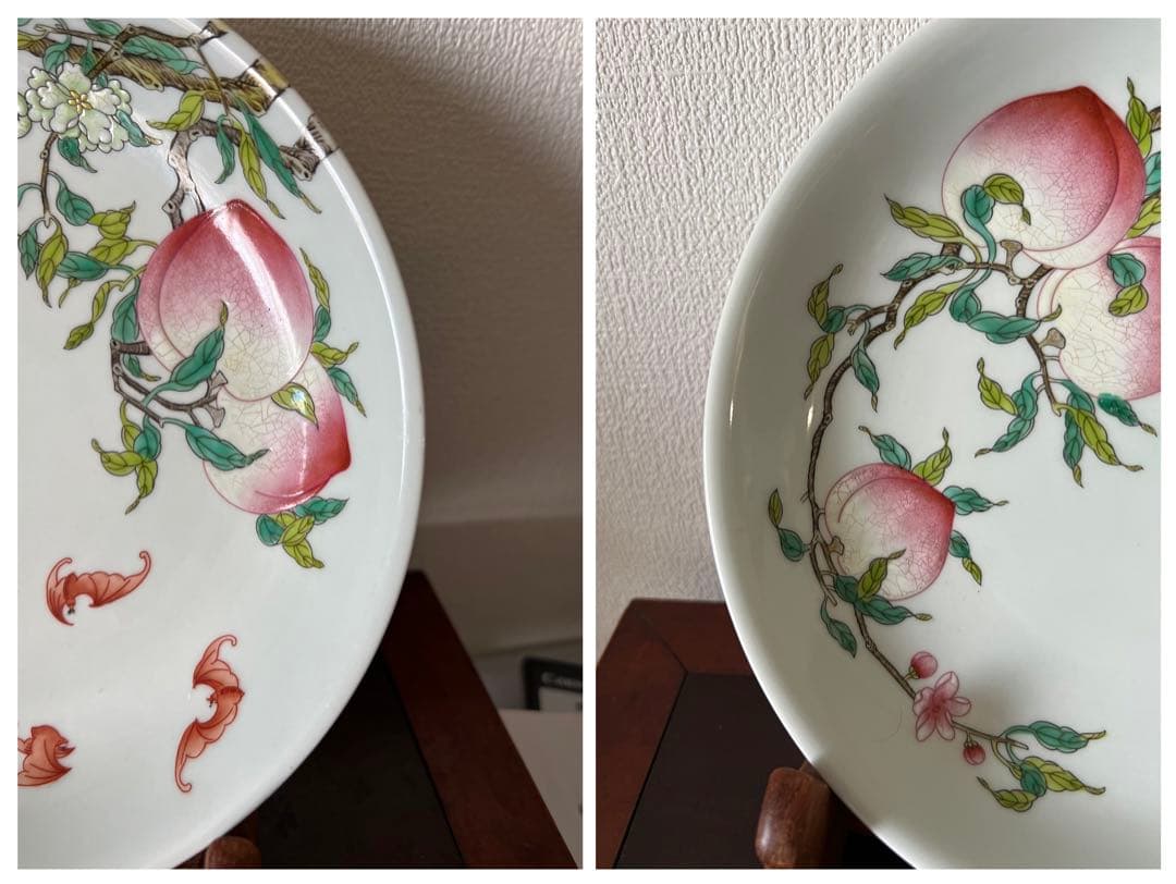 中国古美術/粉彩蝙蝠/桃紋皿 【大清雍正年製】在銘/紫檀箱付き