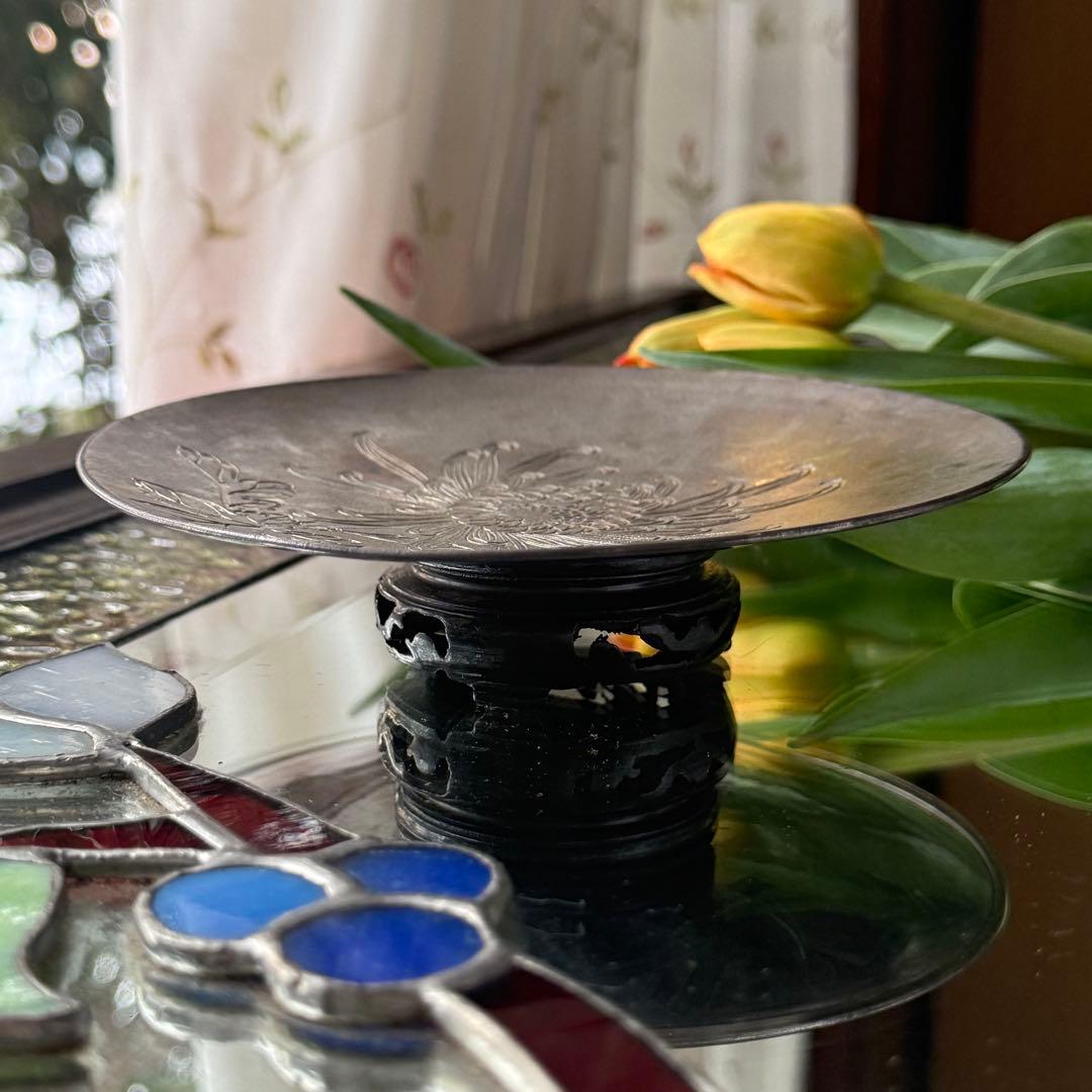 2145様感謝‼️宝石王愛蔵品　菊陰刻純銀皿　80g銀製刻印あり一枚