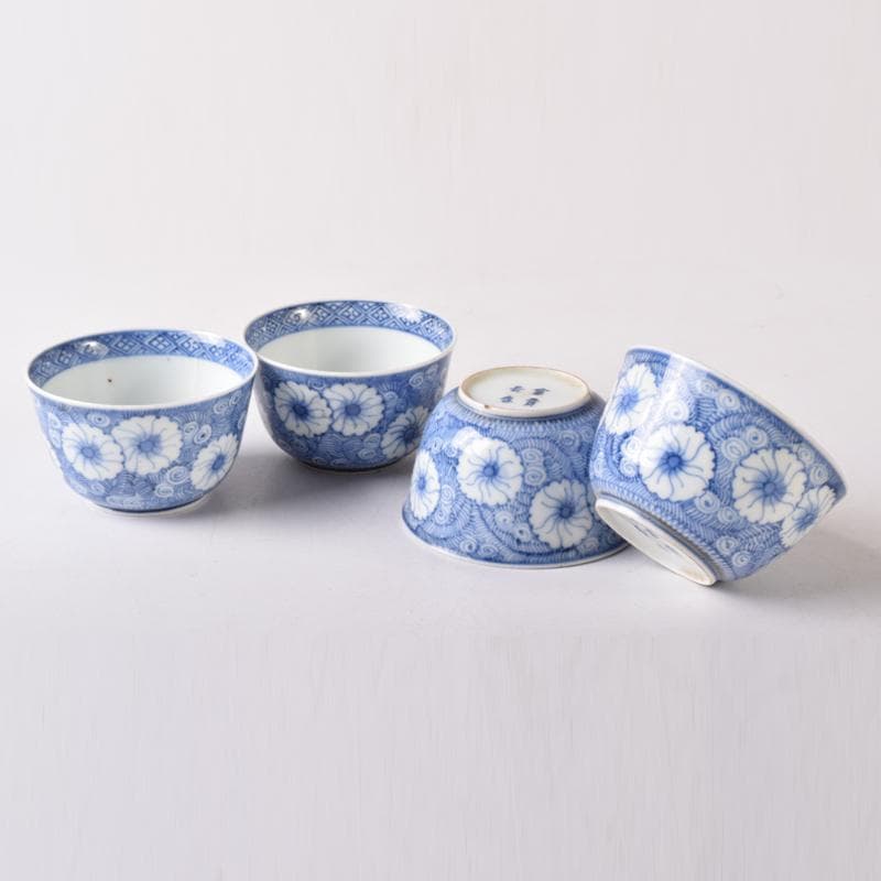 伊万里焼　古伊万里　富貴長春　染付花文　煎茶碗　四客　7685