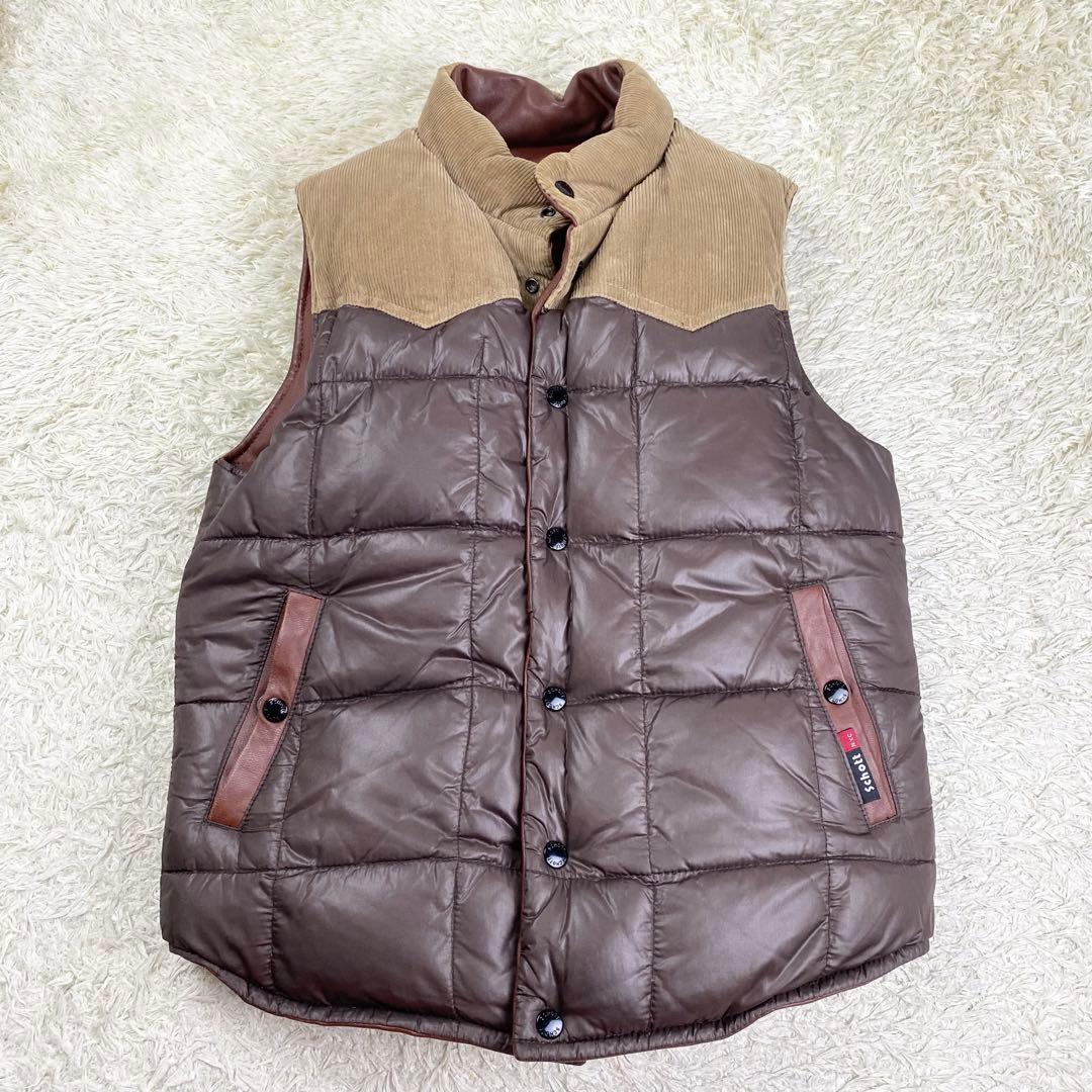 美品 希少 ショット ダウンベスト ラムレザー リバーシブル 本革 ブラウン M