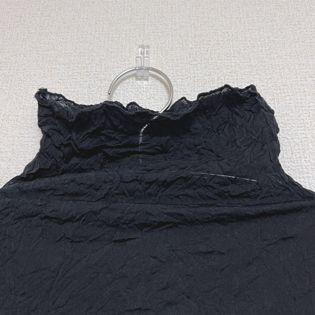 イッセイミヤケ 長袖 シースルー トップス シワ加工 ハイネック ブラック 黒