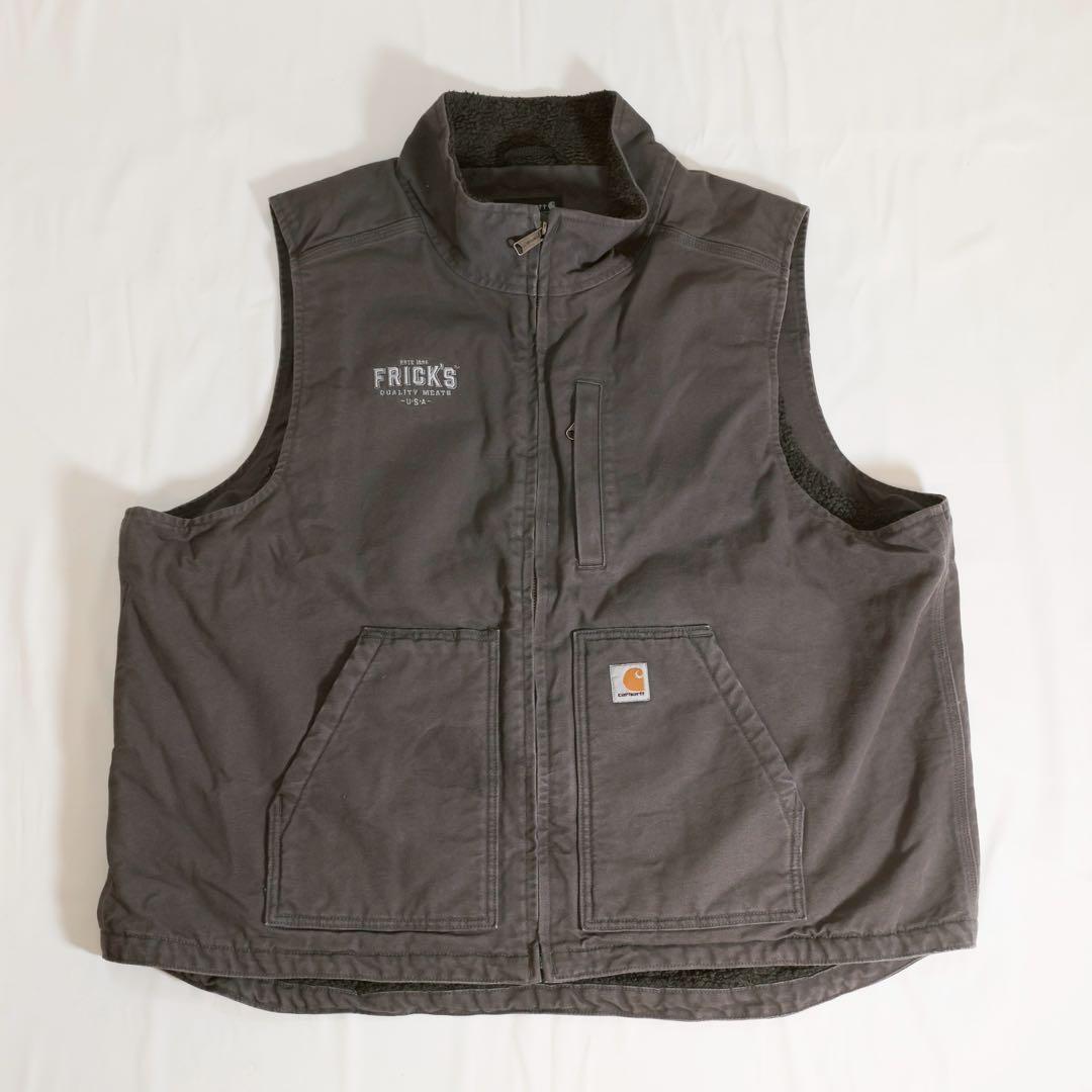 カーハート ダックベスト 企業ロゴ 裏ボア 2XL ビンテージ フェード 色落ち