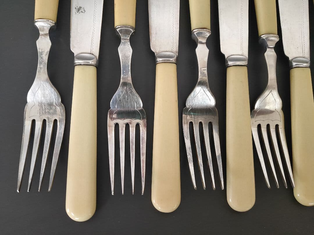 英国ヴィンテージ 純銀P セルロイドハンドル ディナーナイフ フォーク 12本