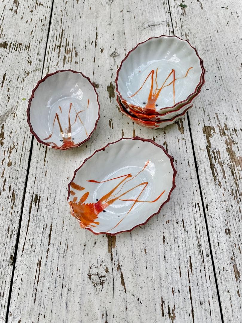 台湾 ヴィンテージ 海老絵付け 小皿 5枚セット 民藝 古道具 アンティーク