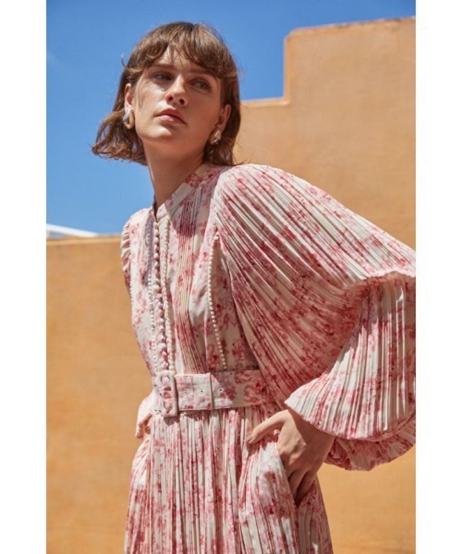 新品Estella.K Jane Belted Dressプリーツプリントドレス