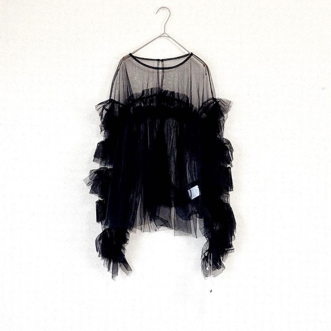 【新品タグ付き】ANDRESD／チュールレース ギャザー ブラウス／ブラック／Ｆ