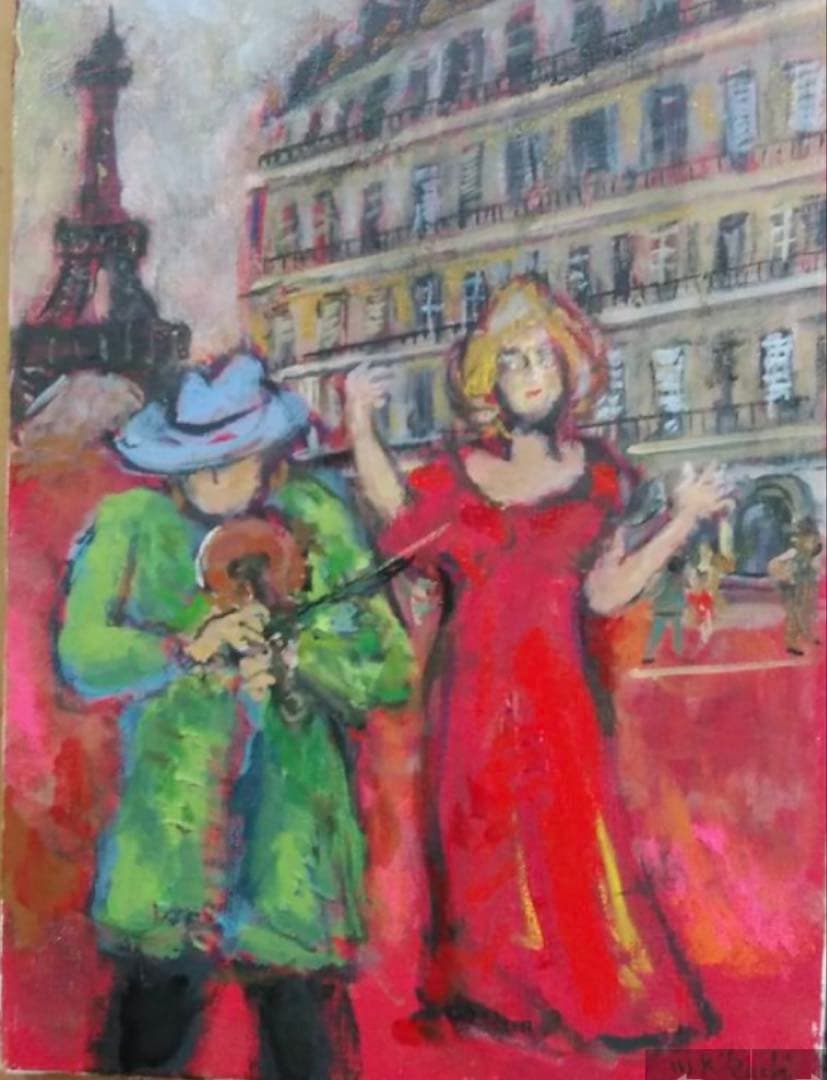 「パリの芸人」菊地正則　油彩画　絵画　油絵 F4 キャンバス　額付き　匿名配送