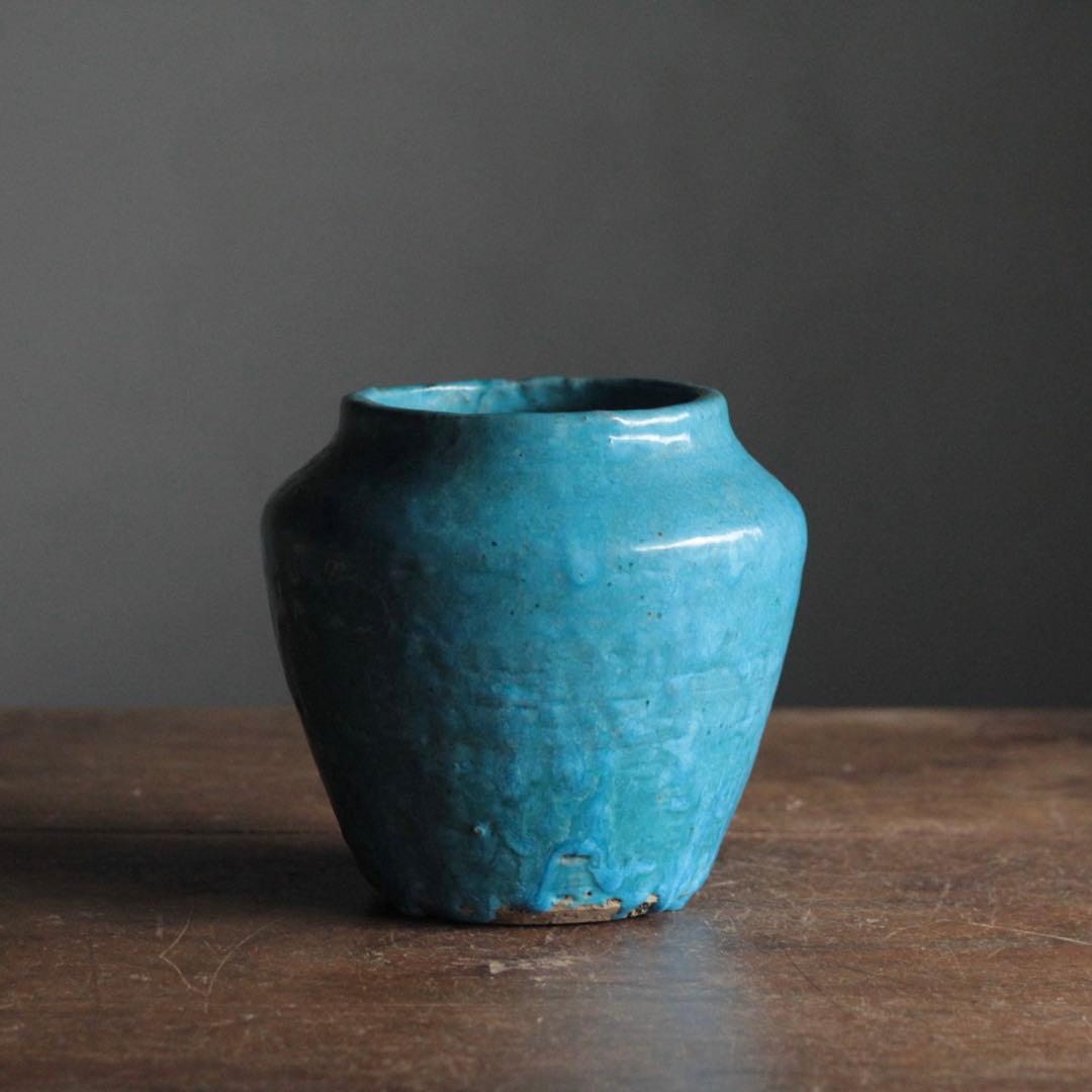 鮮やかな ターコイズブルー 壺 古道具 アンティーク 花器
