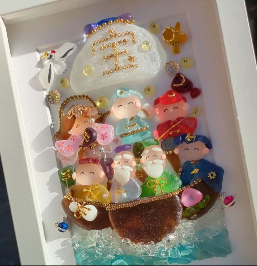 シーグラスアート　七福神白フレーム　全面透明フレームつき　ゲリラ出品