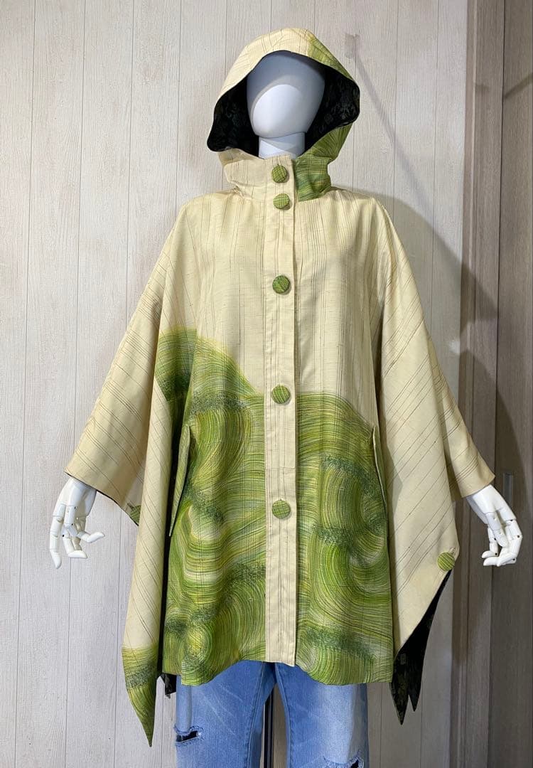 正絹紬訪問着 村山大島紬 リバーシブル フードポンチョ (難あり)