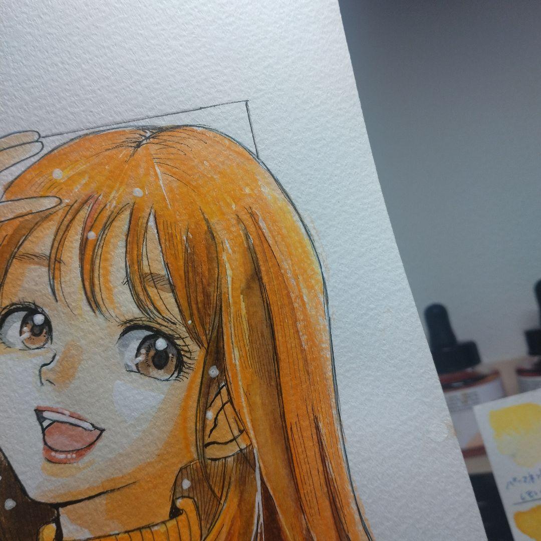 日*希様 手描きイラストA4　水彩画・色鉛筆『はいチーズ』