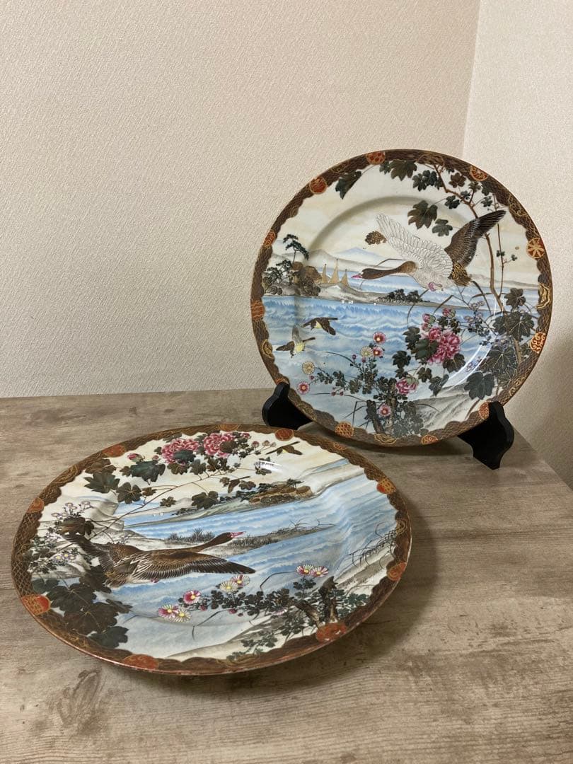 明治　手描き　夫婦雁と牡丹　大皿　2枚　縁起　時代　〈検 横濱焼　隅田焼　眞葛焼