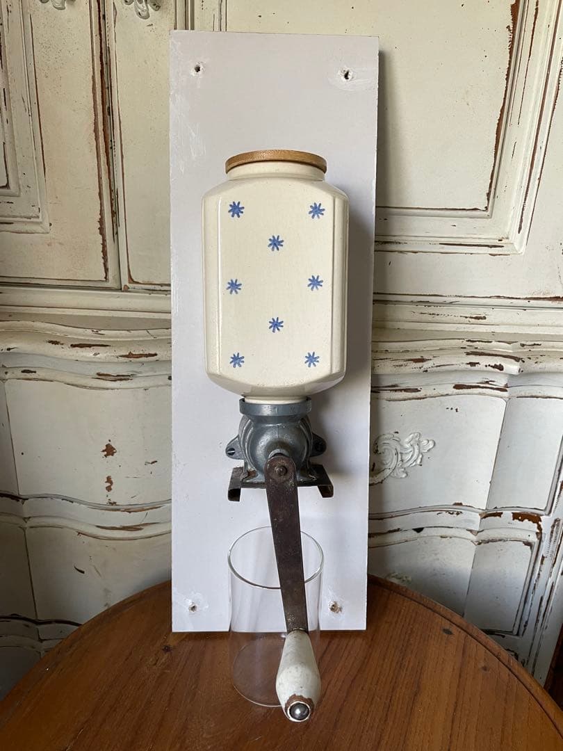 フランス　アンティーク 壁掛け　コーヒーミル　グラインダー 陶器　ドット　星