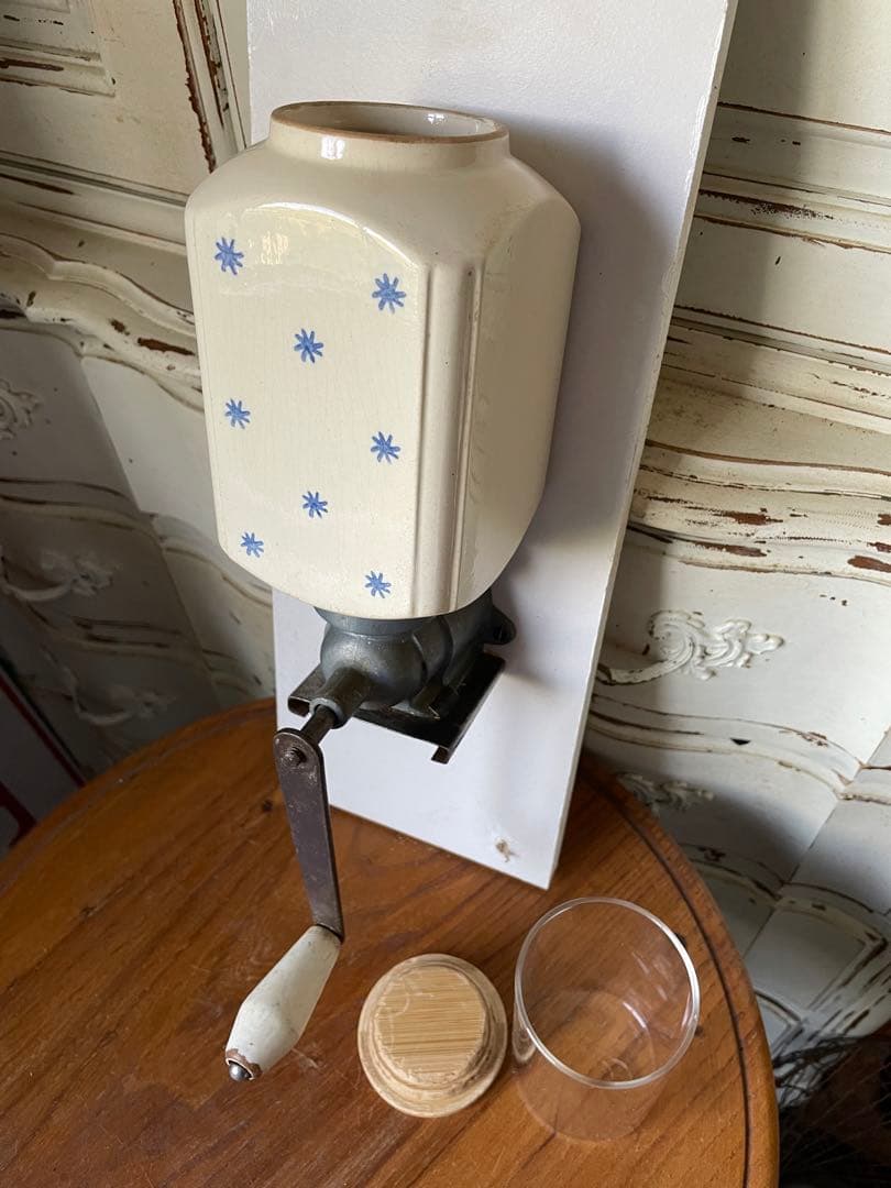 フランス　アンティーク 壁掛け　コーヒーミル　グラインダー 陶器　ドット　星