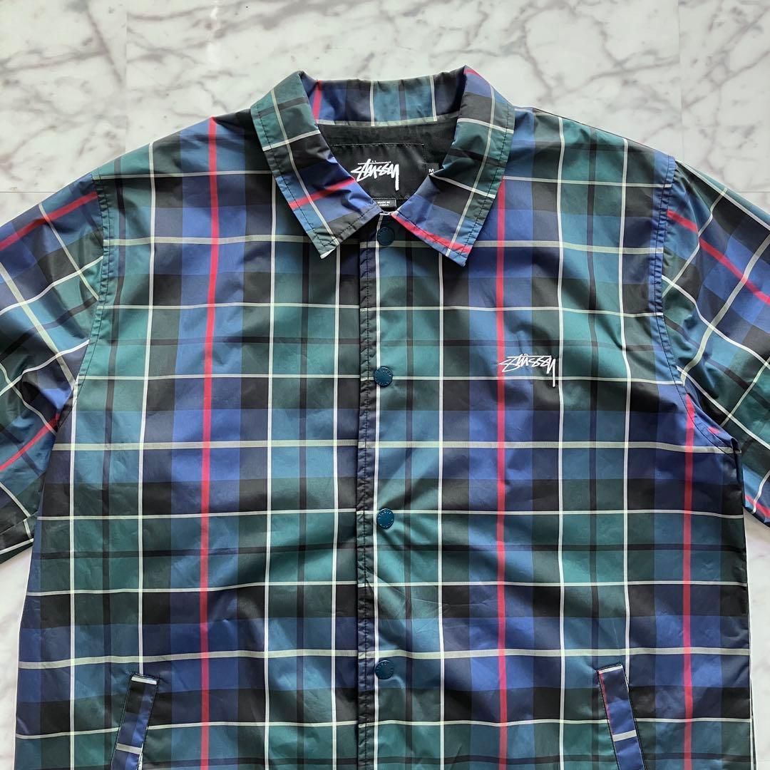 【美品✨】Stussy チェック柄 コーチジャケット ロゴ刺繍 緑 Mサイズ