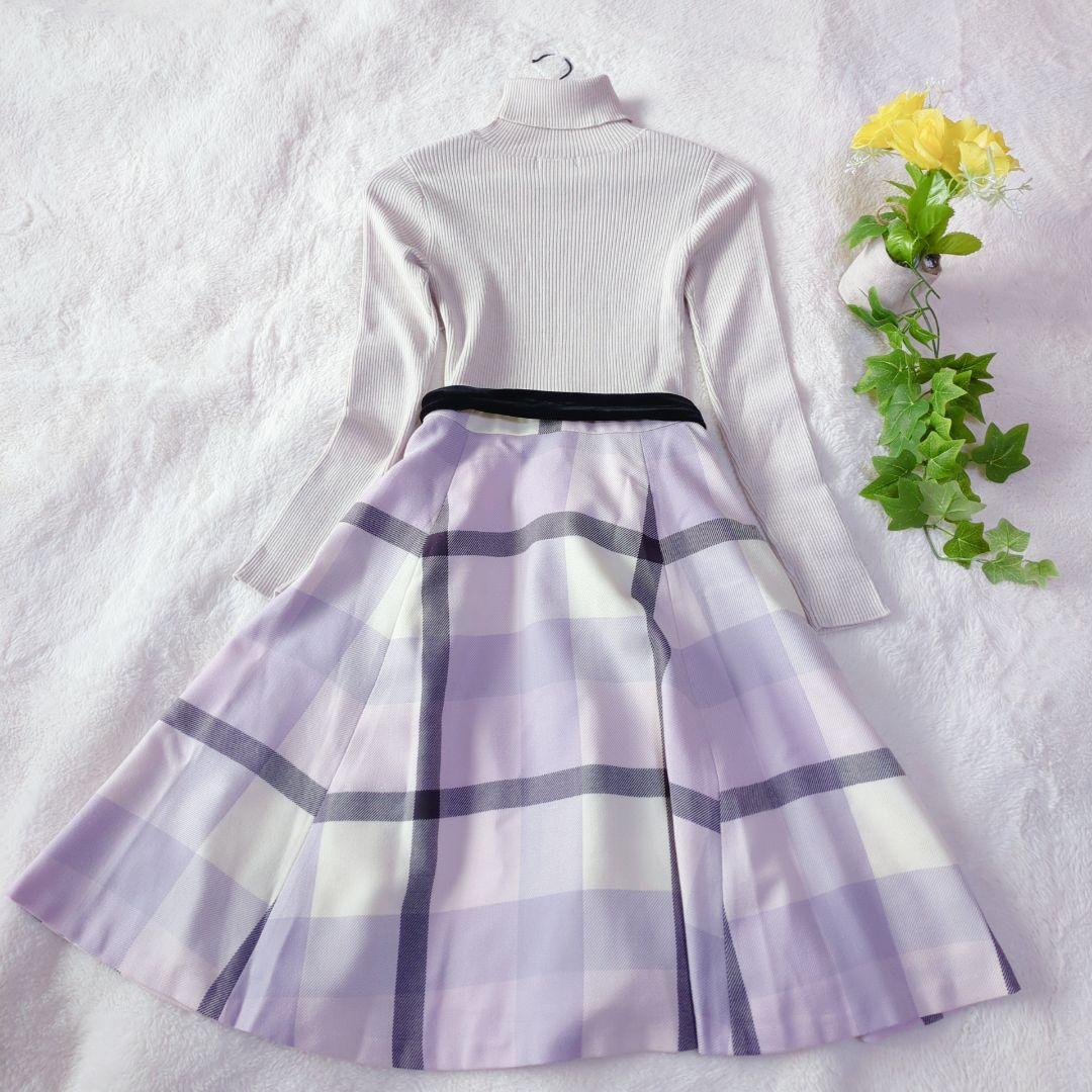 バーバリー切り替えワンピース チェック ニットドッキング ウエストリボン付 36