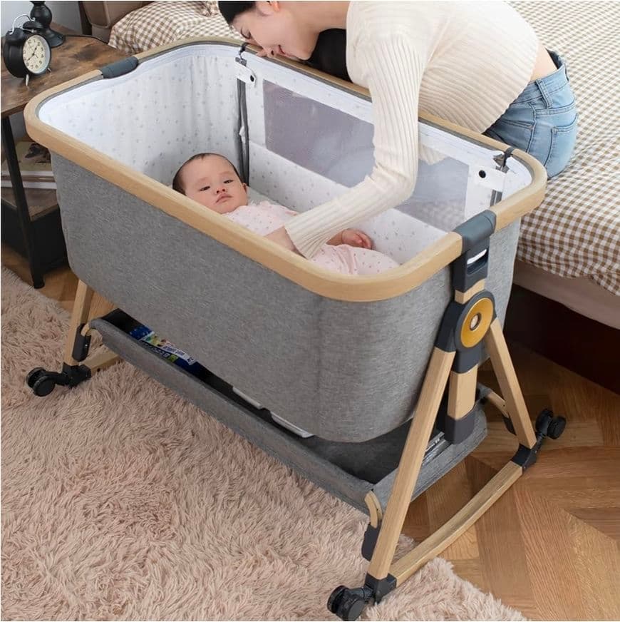 【ポチ様用】グレー ベビーベッド 収納付き折り畳み可能