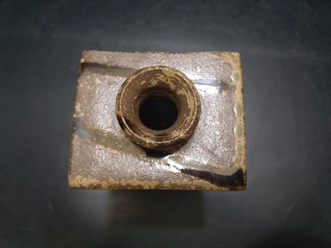 島岡達三造　飴釉象篏流文扁壺　共箱　人間国宝